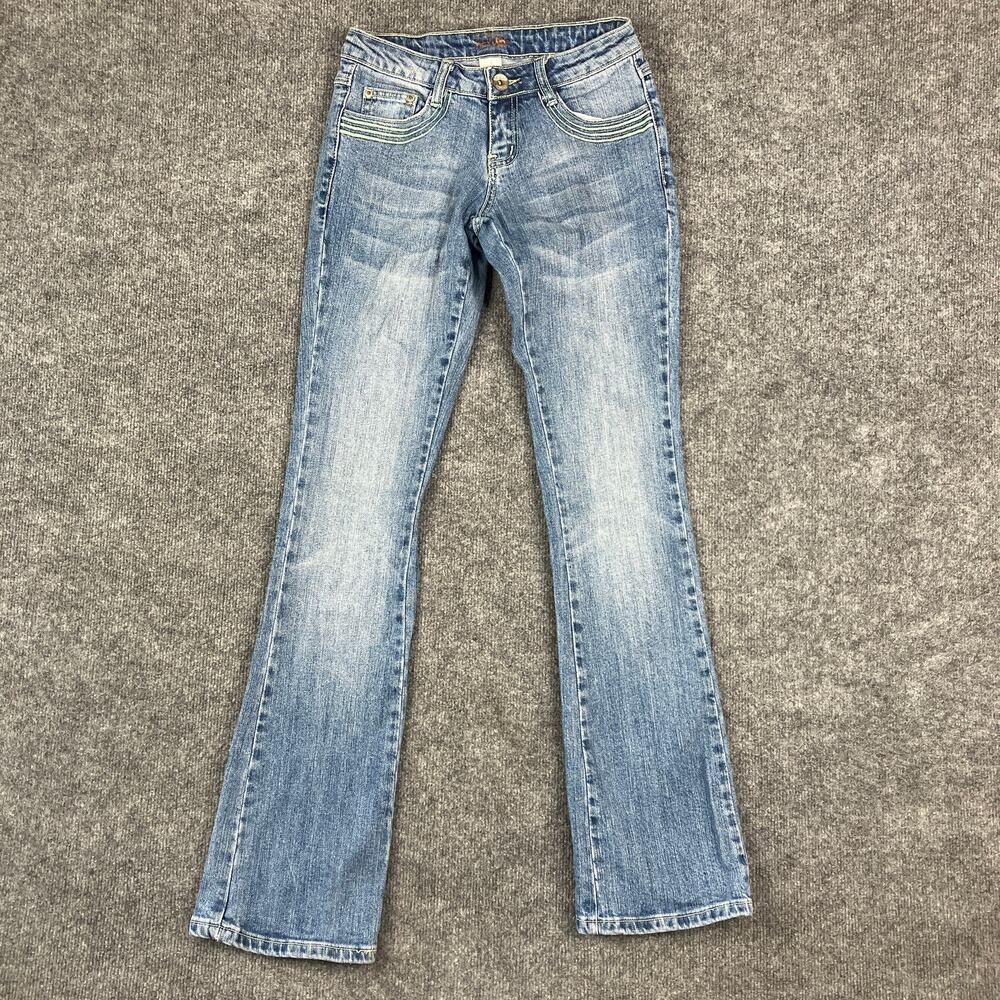 Bootcut Jeans Womens Size 1 Blue Mid Rise Embroidered Pockets Distressed